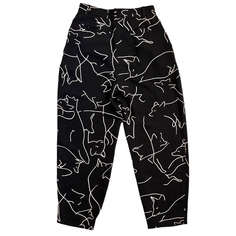 Babaton Pants Fox Print Sz 2 Black Tan Classic Baggy Fit Tapered Leg Aritzia - Picture 3 of 16